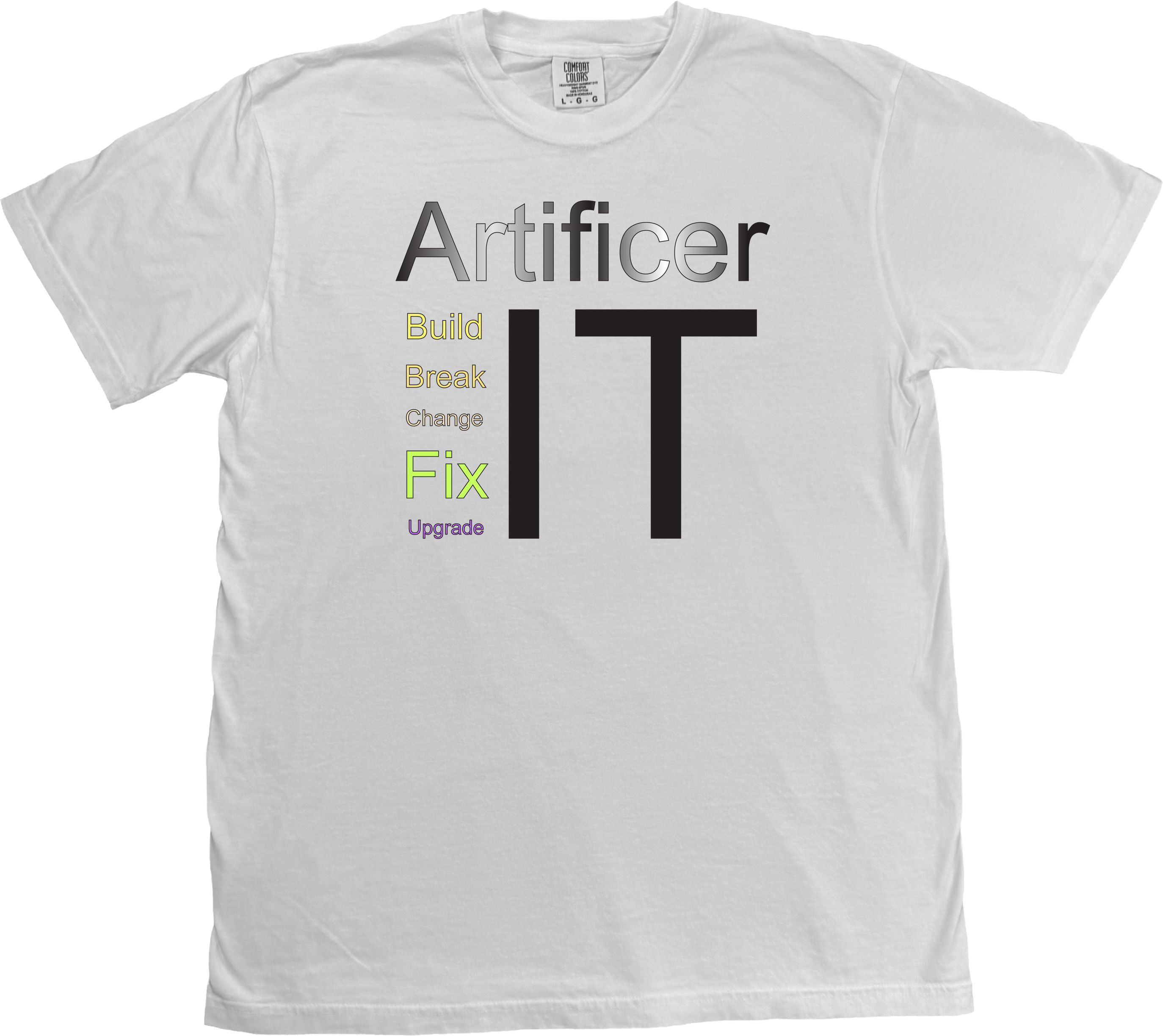 Artist-drawn Artificer Dungeons and Dragons t-shirt featuring the text 'Build it, Break it, Change it, Fix it, Upgrade it' on a White Comfort Colors T-shirt.