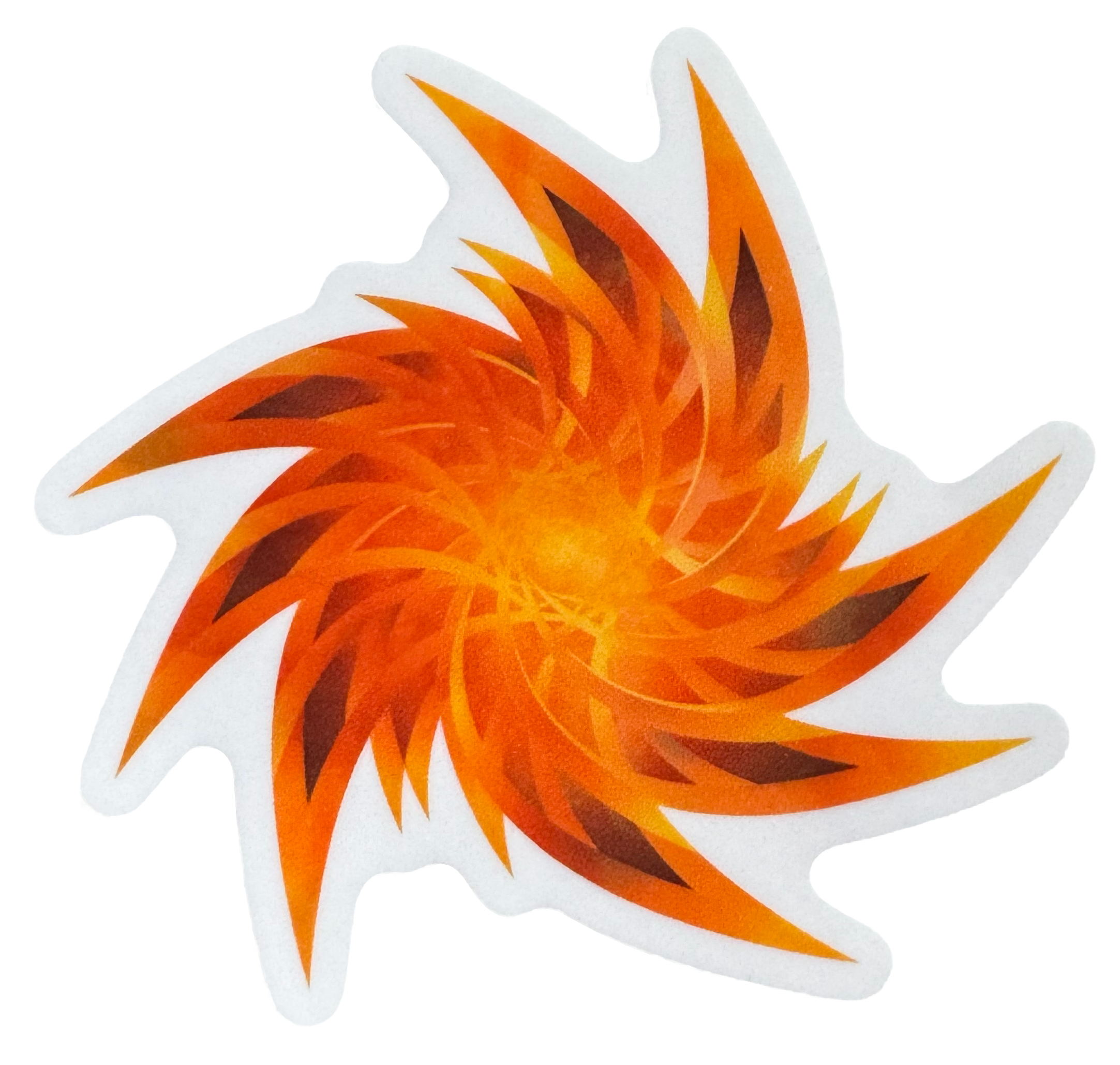 Crisp geometric fire-toned artwork with a smooth, glossy finish that keeps every angle sharp and every color blazing bright