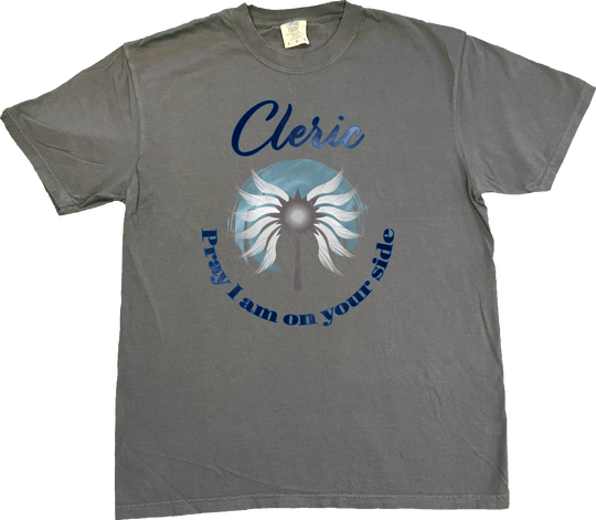 Funny Cleric Dungeons and Dragons t-shirt with artist-drawn divine symbol and the text 'Pray I am on Your Side'—perfect for fantasy RPG players. on a Dark Grey (Graphite) Comfort Colors T-shirt.