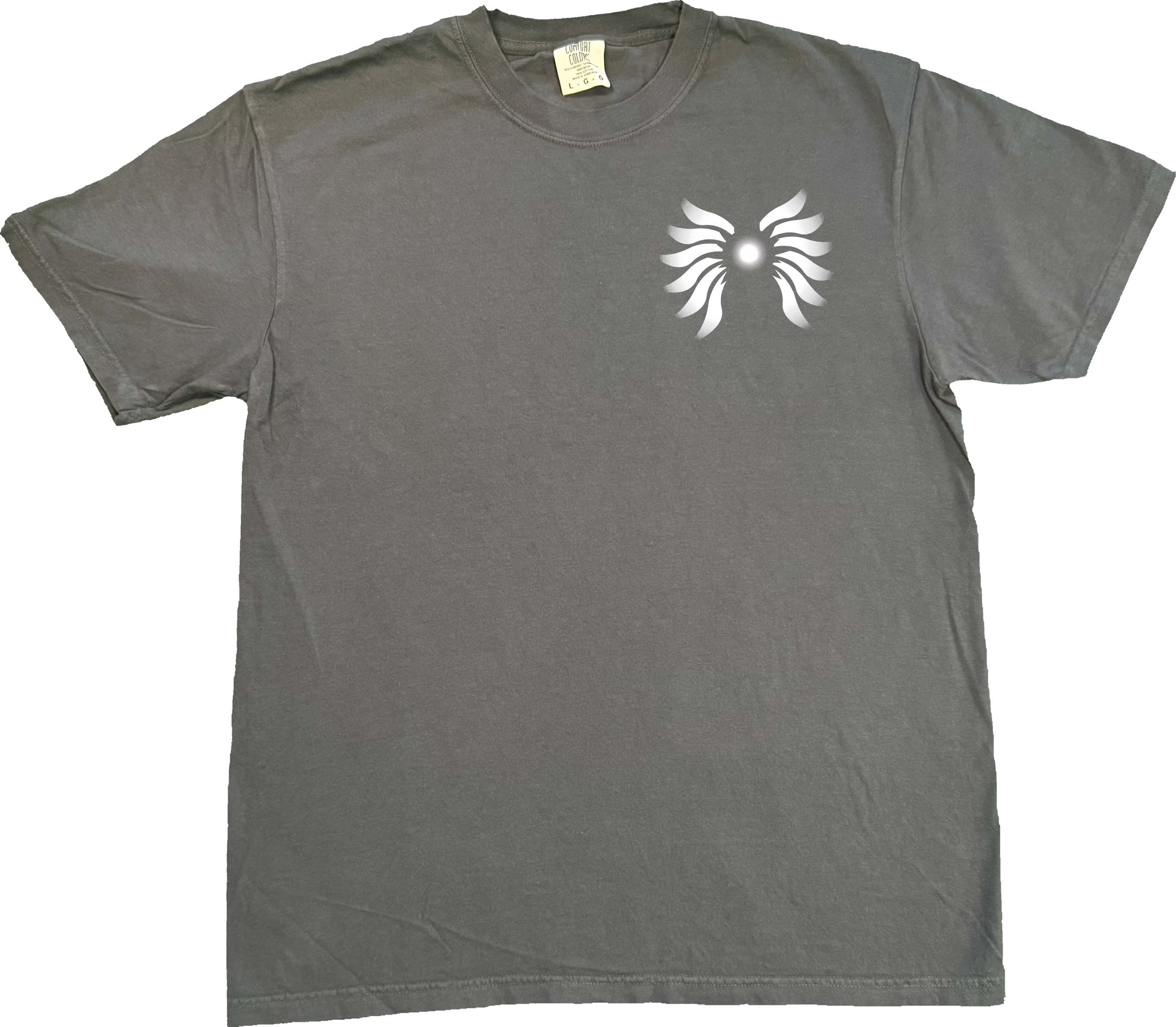 Minimalist artist-drawn Radiant Wings emblem on a soft Comfort colors t-shirt, perfect for subtle geek fashion and fantasy lovers.