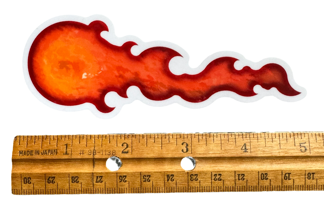 Vibrant, high-contrast artwork with a smooth glossy finish that enhances the glow and movement of the flames. with a ruler for size validity.