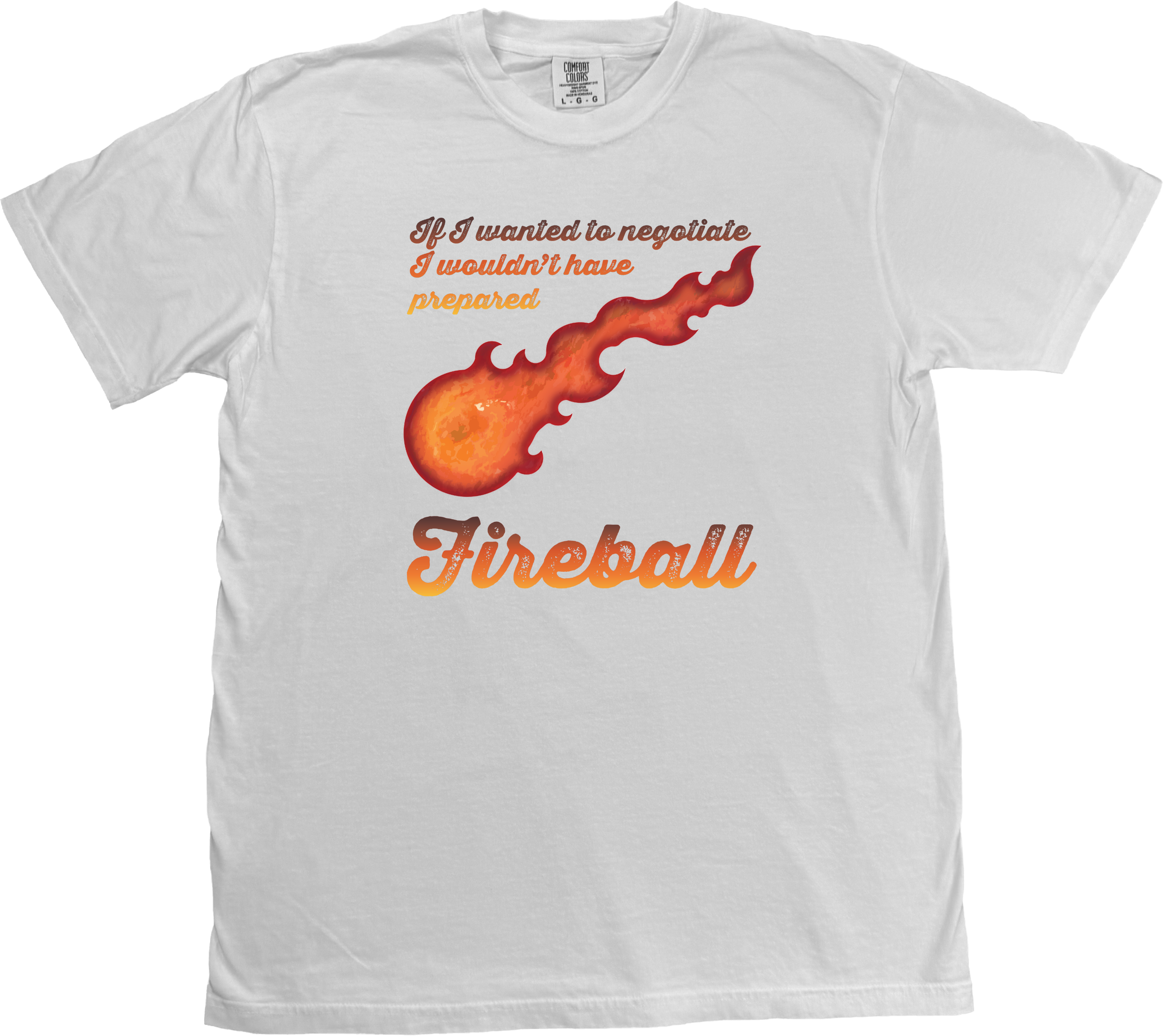 bold fireball graphic at the center, this design captures the perfect mix of tabletop humor and unapologetic magical chaos. with the phrase "If I Wanted to Negotiate, I Wouldn’t Have Prepared Fireball"  on a white comfort colors t-shirt