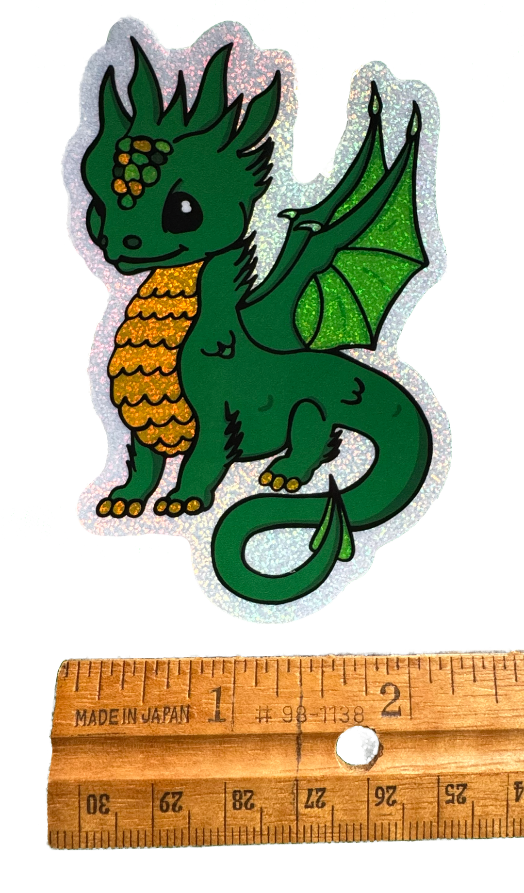 Artist drawn 'Ivy' the dragon sticker, whimsical fantasy art decal with gloss finish for water bottles and laptops.