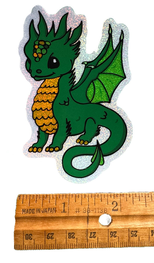Artist drawn 'Ivy' the dragon sticker, whimsical fantasy art decal with gloss finish for water bottles and laptops.