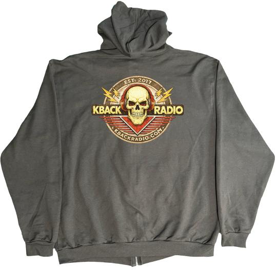 Back of Kback radio graphic on a Zippered hoodie in charcoal