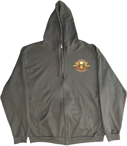 Front of Kback radio graphic on a Zippered hoodie in charcoal