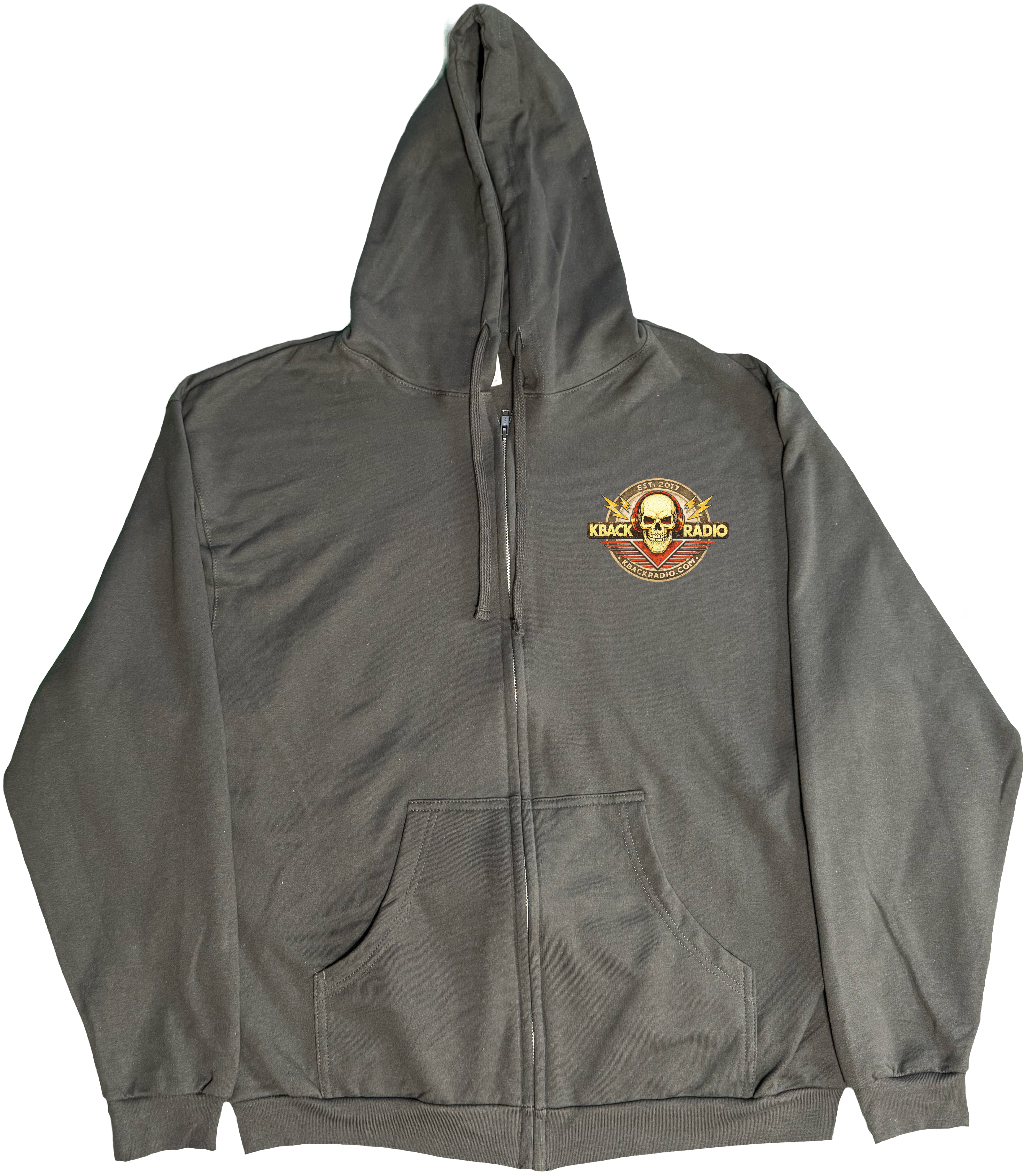 Front of Kback radio graphic on a Zippered hoodie in charcoal