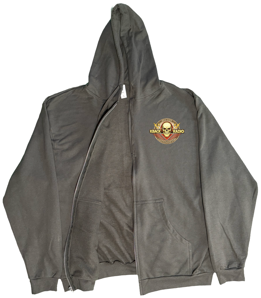 Front of Kback radio graphic on a Zippered hoodie in charcoal