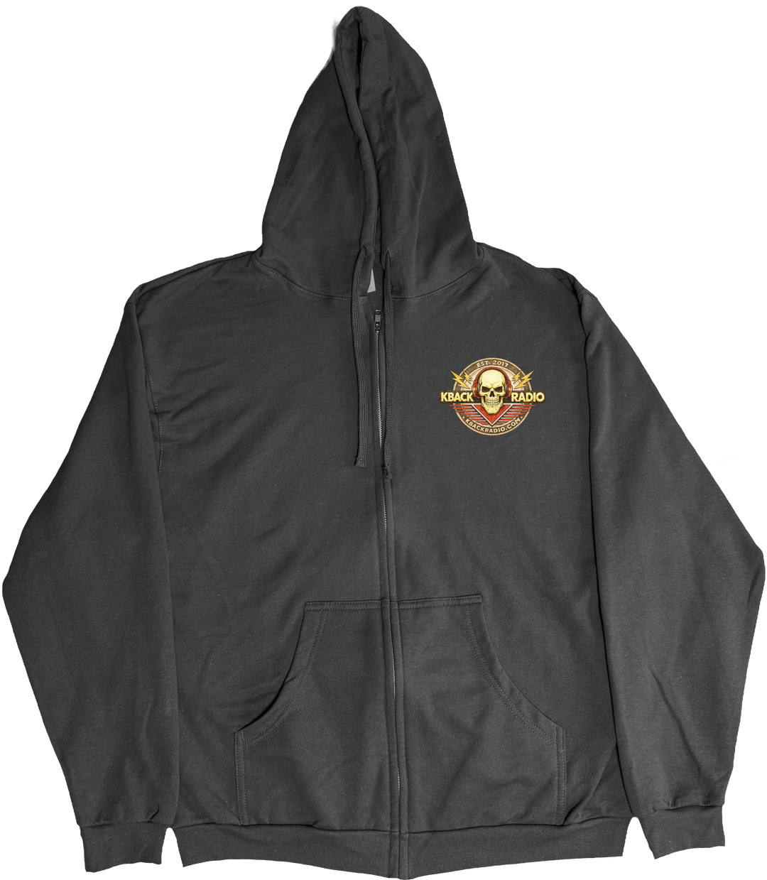 Front of Kback radio graphic on a Zippered hoodie in Black