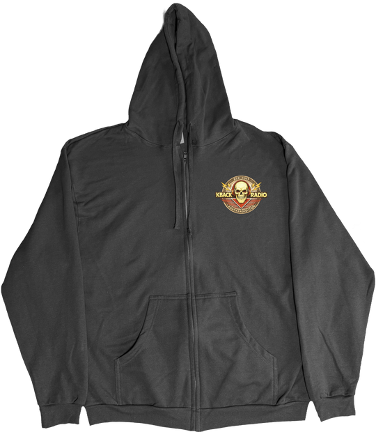 Front of Kback radio graphic on a Zippered hoodie in Black