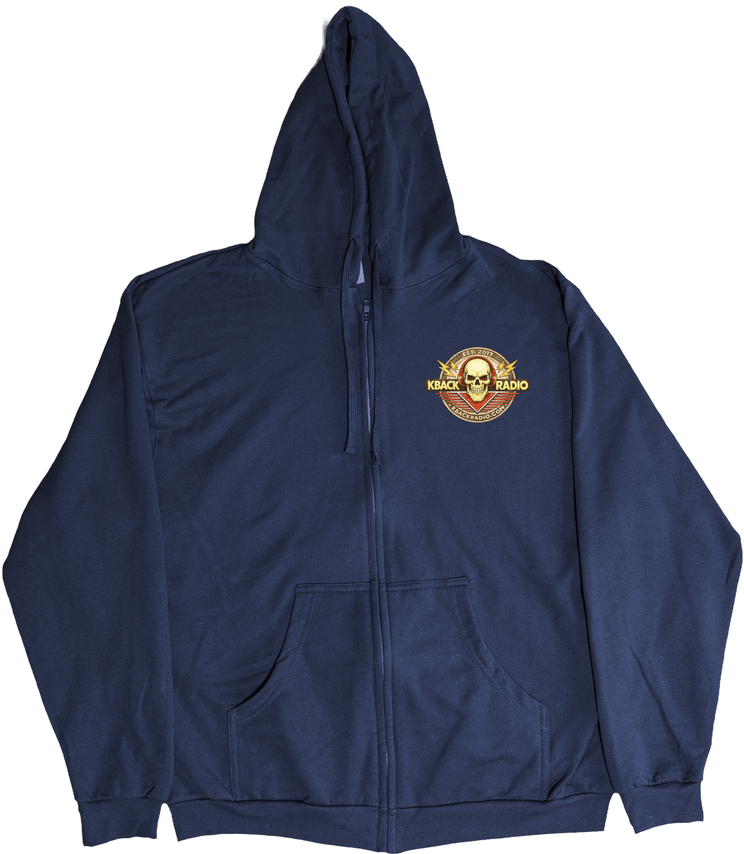 Front of Kback radio graphic on a Zippered hoodie in Navy