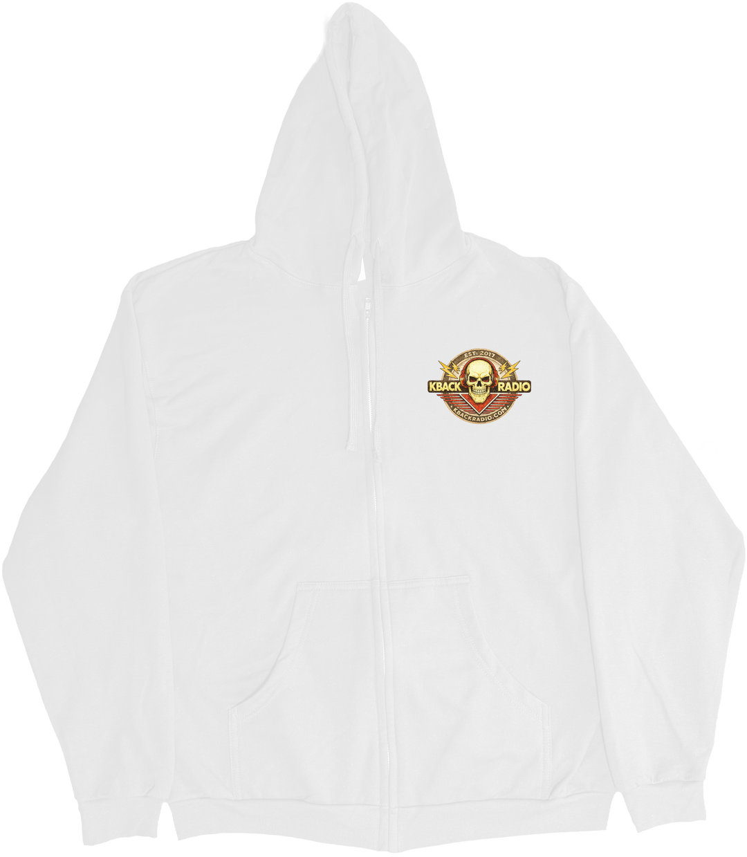 Front of Kback radio graphic on a Zippered hoodie in White