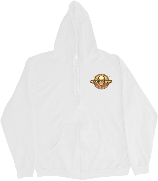 Front of Kback radio graphic on a Zippered hoodie in White