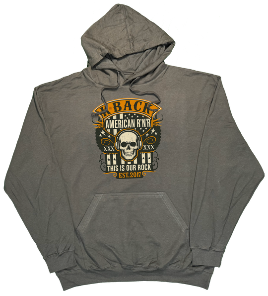 'Old-School Rocker' K-BACK Radio hoodie with a retro inspired music theme in Charcoal