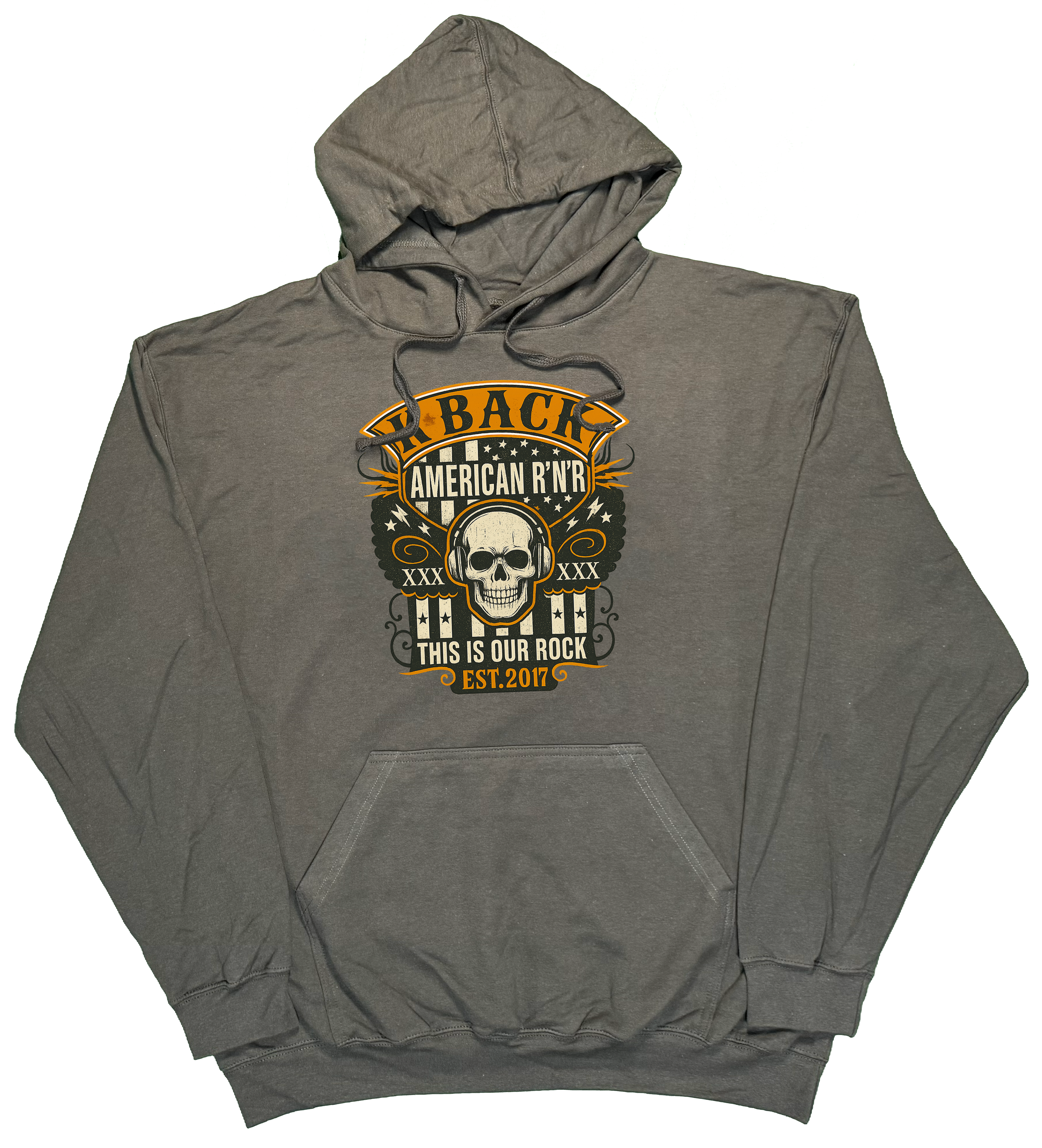 'Old-School Rocker' K-BACK Radio hoodie with a retro inspired music theme in Charcoal