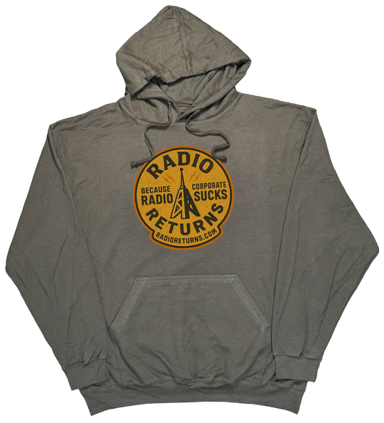 Radio Returns design on a comfortable hoodie, featuring artist-designed graphics in Charcoal