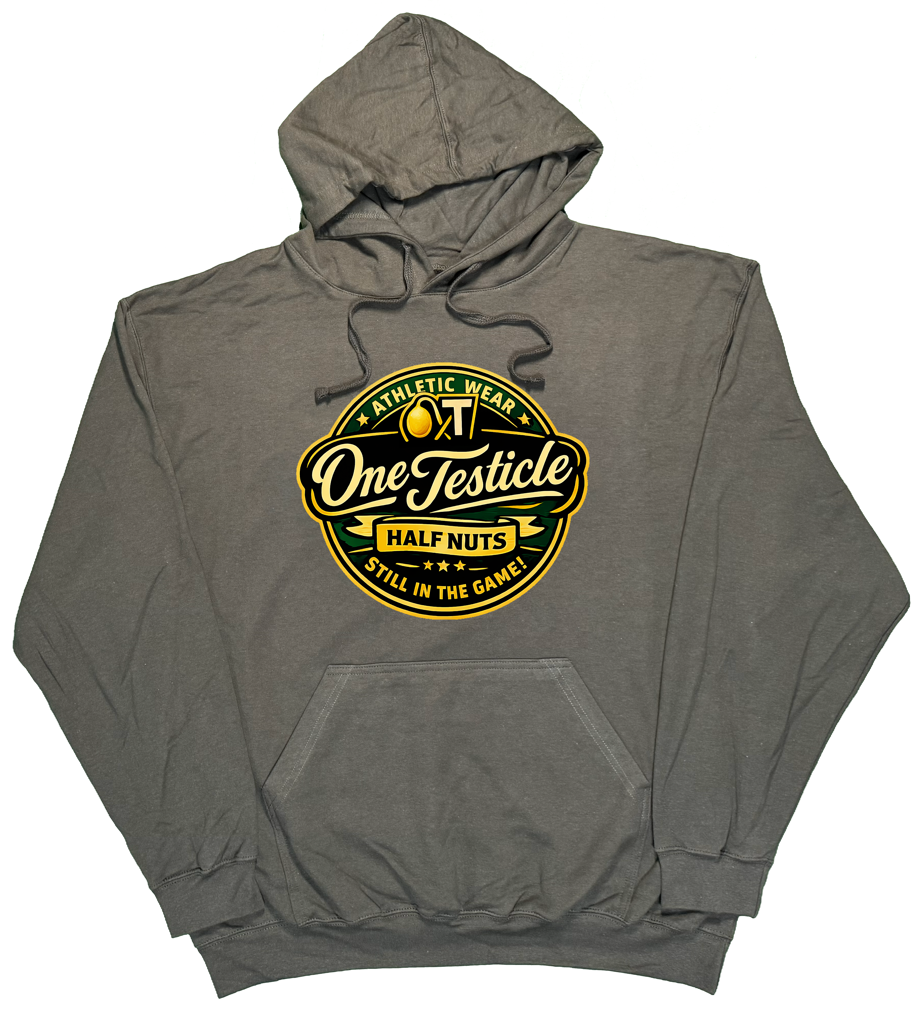 'OT' artist-designed hoodie with saying "half nuts Still in the game" in Charcoal