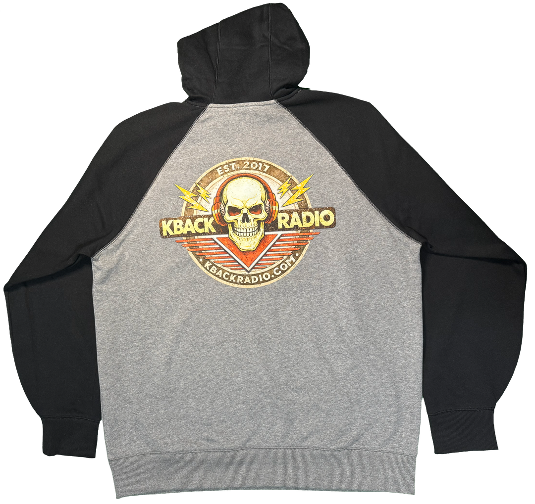 Back of artist-designed K-BACK Radio hoodie featuring a vintage-style broadcaster logo for a nostalgic.