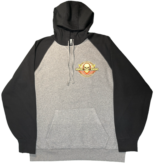 Front of artist-designed K-BACK Radio hoodie featuring a vintage-style broadcaster logo for a nostalgic.