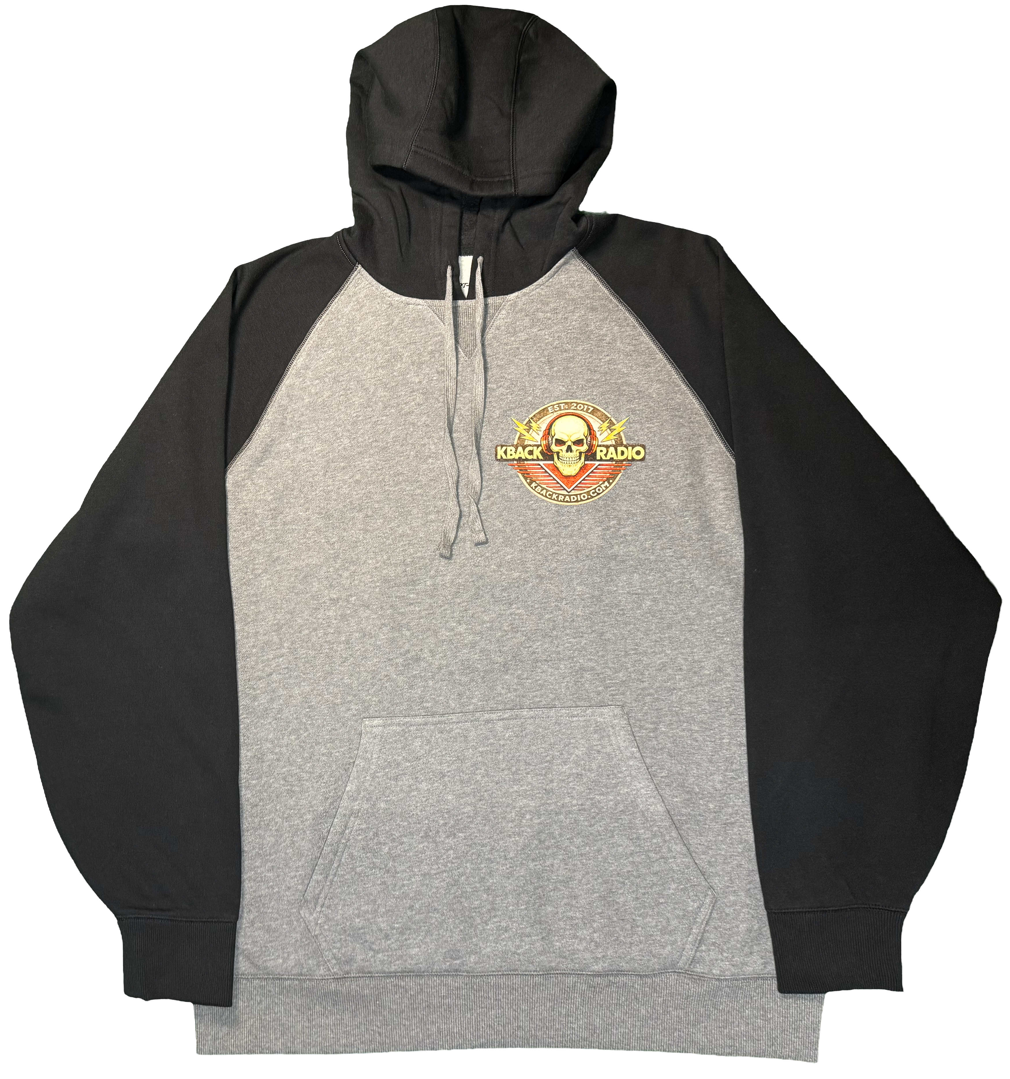 Front of artist-designed K-BACK Radio hoodie featuring a vintage-style broadcaster logo for a nostalgic.