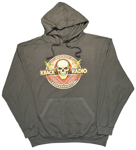 Image of artist-designed K-BACK Radio hoodie featuring a vintage-style broadcaster logo for a nostalgic in charcoal.