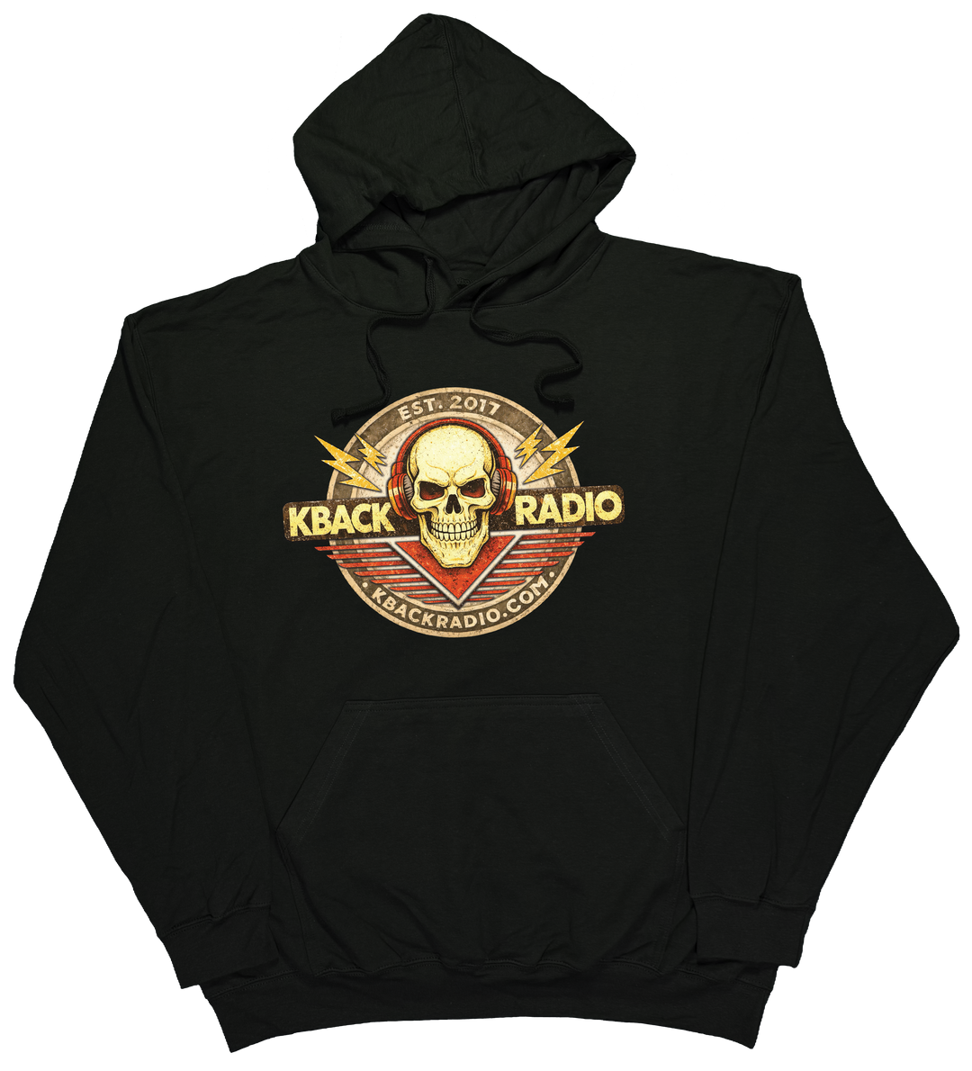 Image of artist-designed K-BACK Radio hoodie featuring a vintage-style broadcaster logo for a nostalgic in Black.