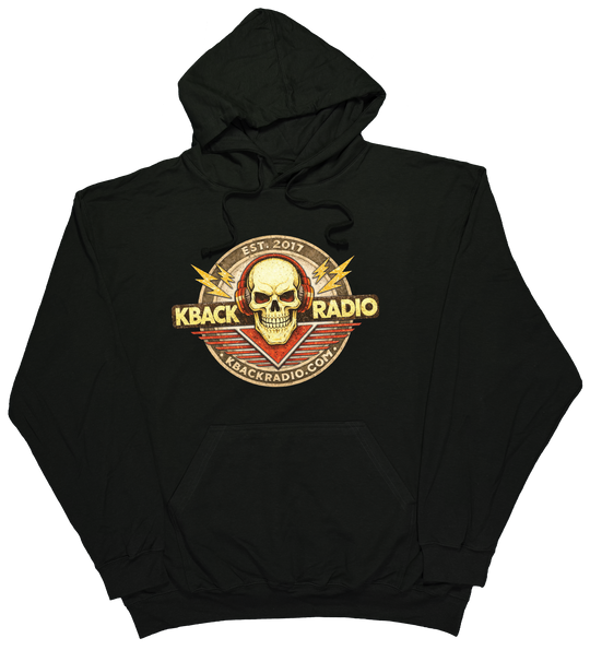 Image of artist-designed K-BACK Radio hoodie featuring a vintage-style broadcaster logo for a nostalgic in Black.