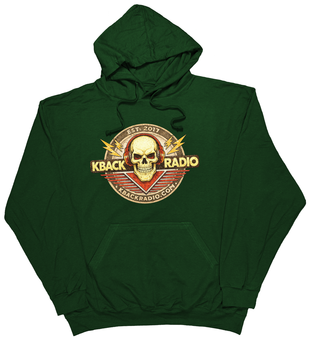 Image of artist-designed K-BACK Radio hoodie featuring a vintage-style broadcaster logo for a nostalgic in Forest Green.