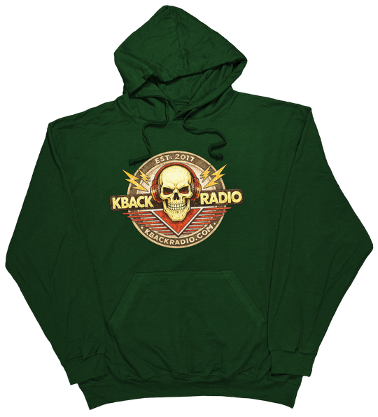 Image of artist-designed K-BACK Radio hoodie featuring a vintage-style broadcaster logo for a nostalgic in Forest Green.