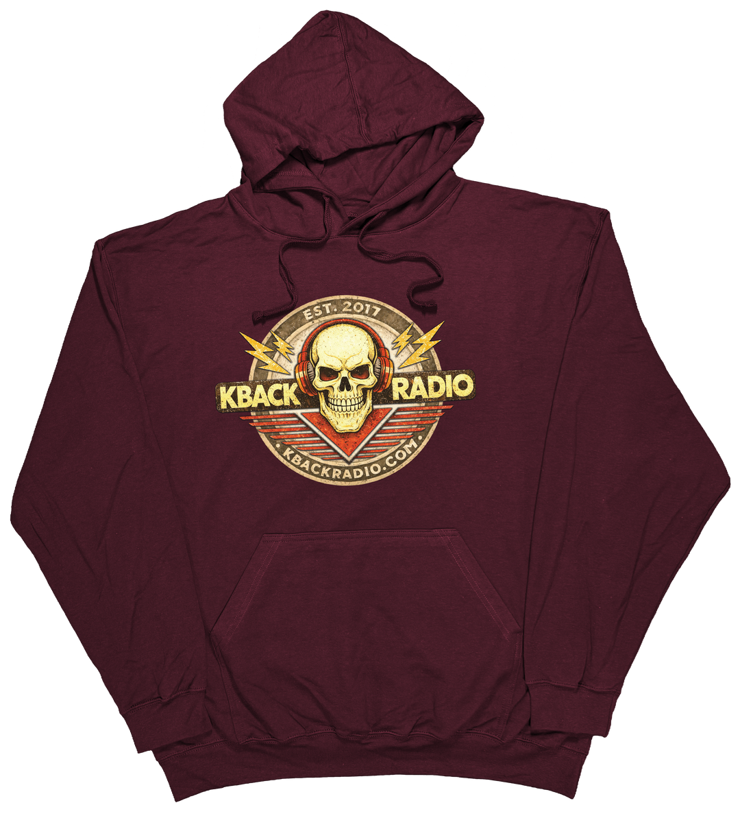 Image of artist-designed K-BACK Radio hoodie featuring a vintage-style broadcaster logo for a nostalgic in Maroon.