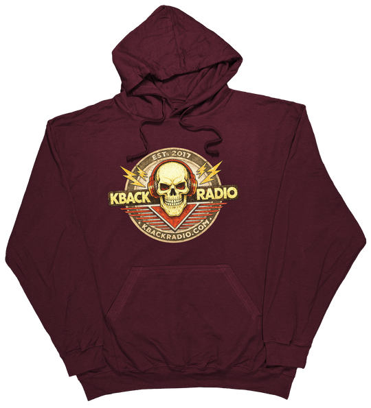 Image of artist-designed K-BACK Radio hoodie featuring a vintage-style broadcaster logo for a nostalgic in Maroon.