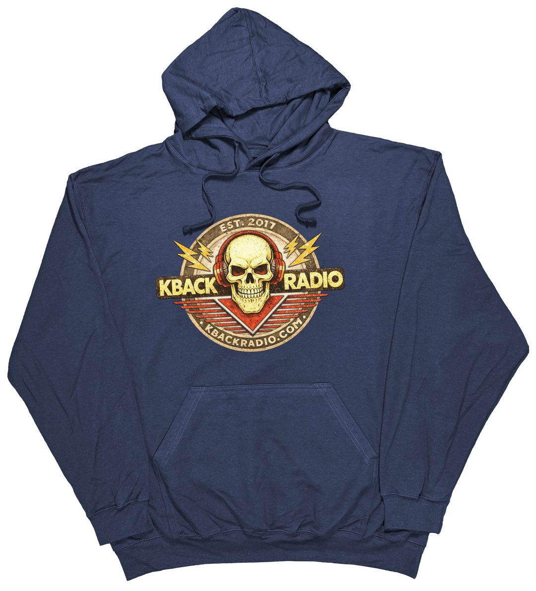 Image of artist-designed K-BACK Radio hoodie featuring a vintage-style broadcaster logo for a nostalgic in Navy.