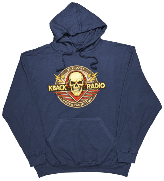 Image of artist-designed K-BACK Radio hoodie featuring a vintage-style broadcaster logo for a nostalgic in Navy.