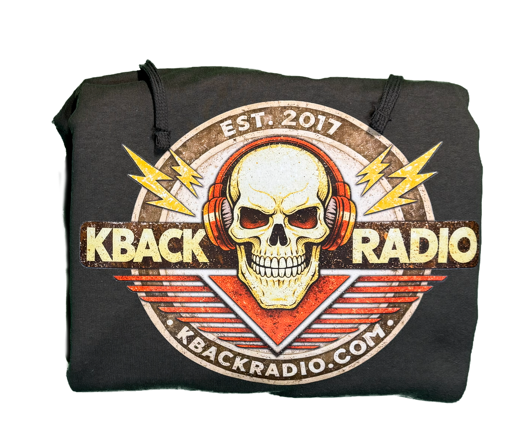 Folded Image of artist-designed K-BACK Radio hoodie featuring a vintage-style broadcaster logo for a nostalgic in charcoal.