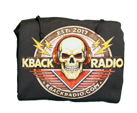 Folded Image of artist-designed K-BACK Radio hoodie featuring a vintage-style broadcaster logo for a nostalgic in charcoal.