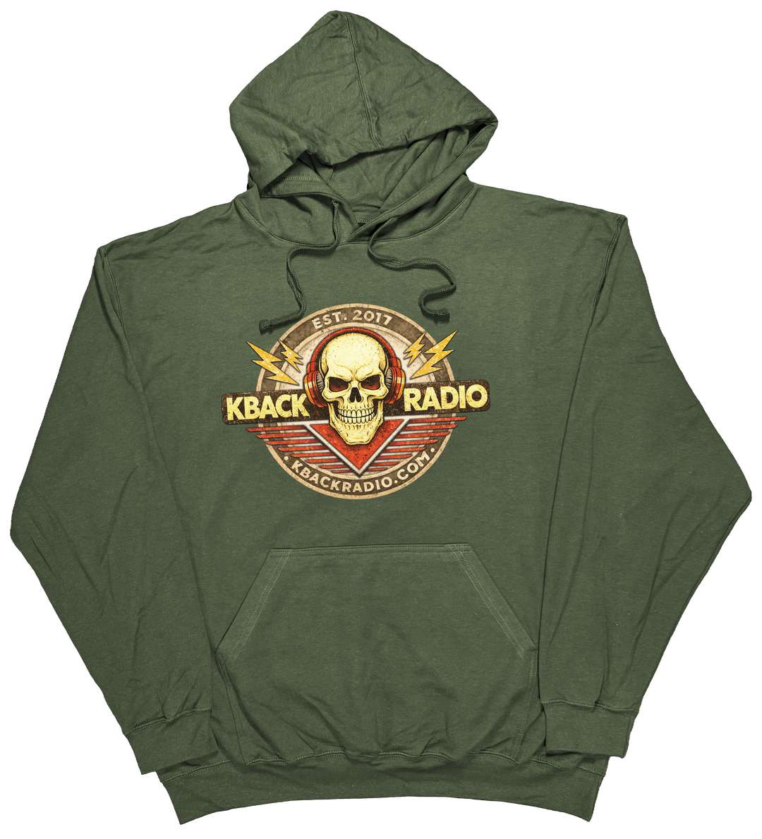 Image of artist-designed K-BACK Radio hoodie featuring a vintage-style broadcaster logo for a nostalgic in Military Green.