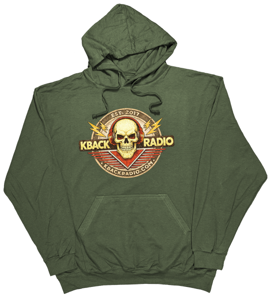 Image of artist-designed K-BACK Radio hoodie featuring a vintage-style broadcaster logo for a nostalgic in Military Green.