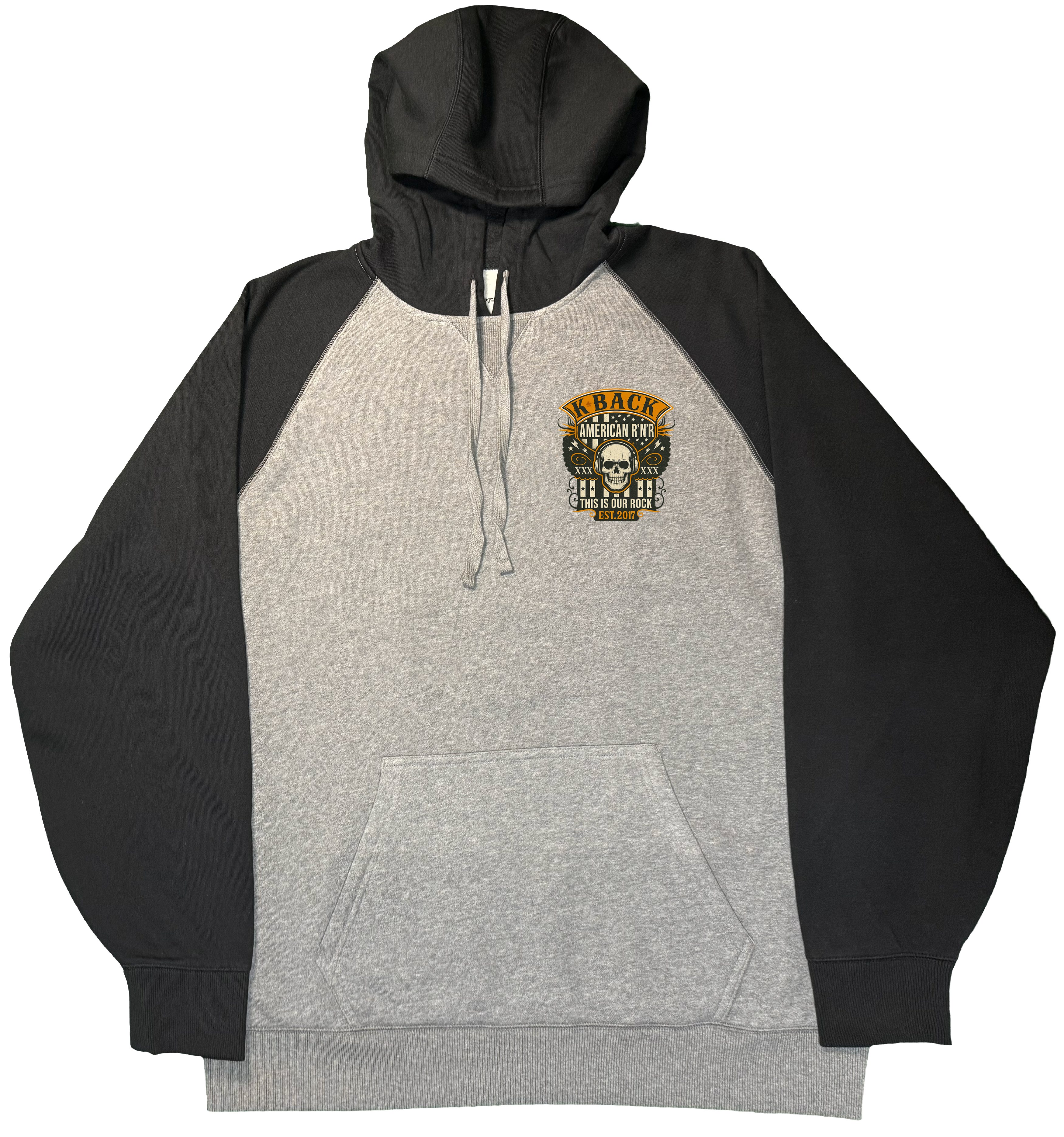 Front of 'Old-School Rocker' K-BACK Radio hoodie with a retro inspired music theme