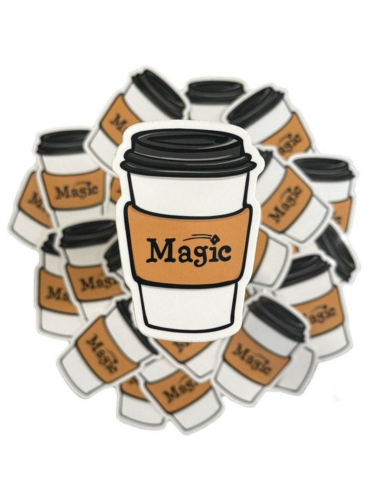 Whimsical Magic Coffee sticker. artist drawn sticker for coffee-loving gamers.
