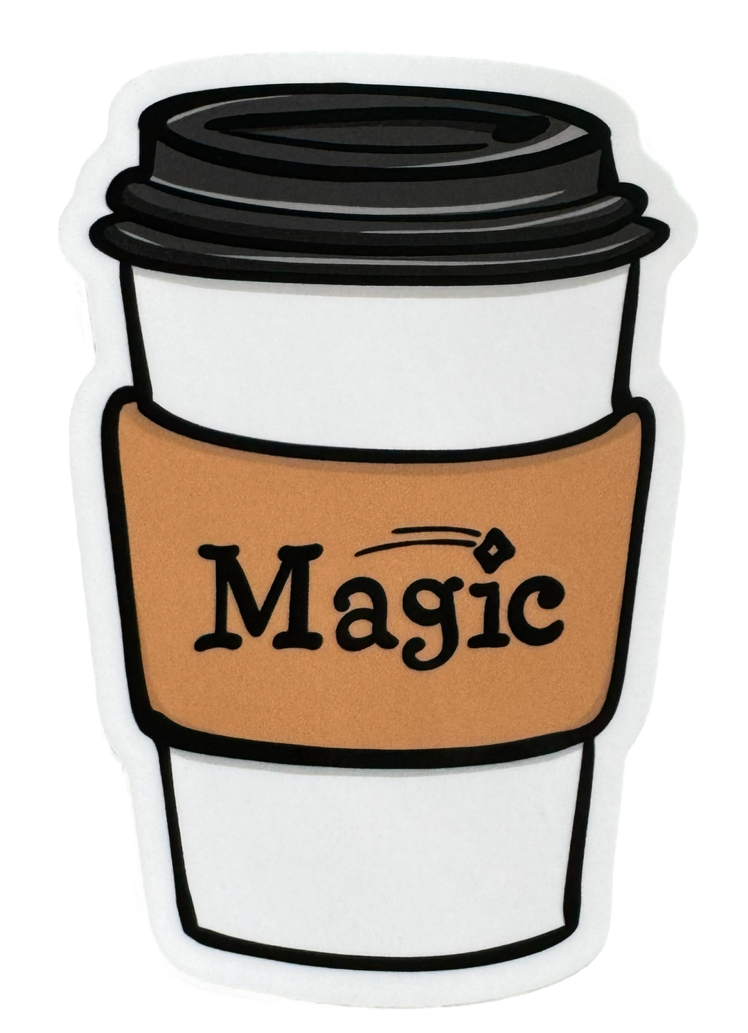 Whimsical Magic Coffee sticker. artist drawn sticker for coffee-loving gamers.
