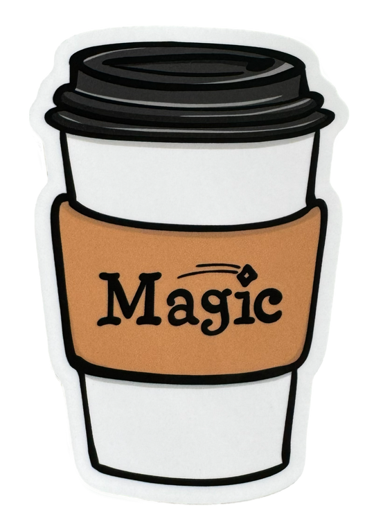 Whimsical Magic Coffee sticker. artist drawn sticker for coffee-loving gamers.
