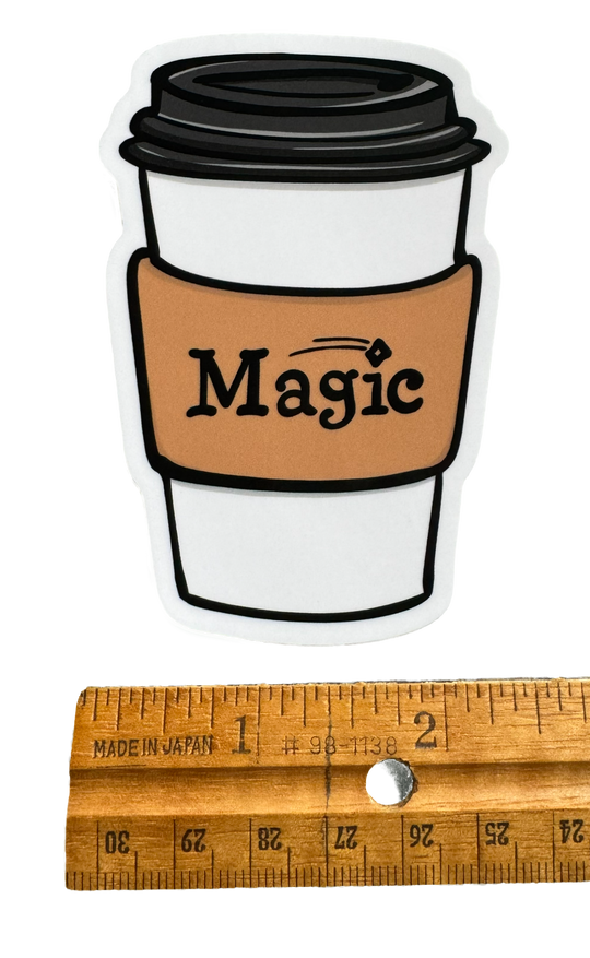 Whimsical Magic Coffee sticker. artist drawn sticker for coffee-loving gamers.
With a ruler for size validiation