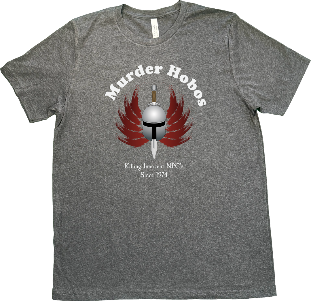 Funny 'Murder Hobos' D&D t-shirt featuring artist-designed image and text: 'Killing Innocent NPCs Since 1974' for retro tabletop gaming fans. on a Bella & Canvas Dark Grey (Heathered) T-Shirt