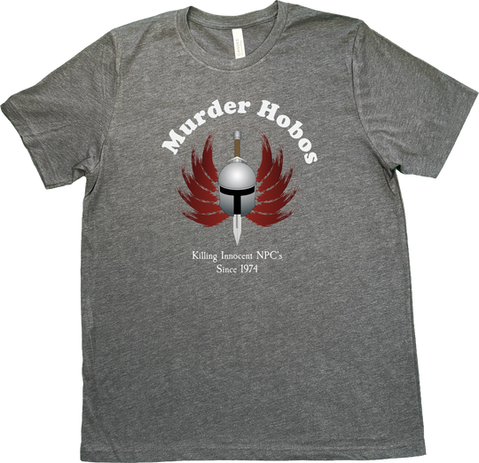 Funny 'Murder Hobos' D&D t-shirt featuring artist-designed image and text: 'Killing Innocent NPCs Since 1974' for retro tabletop gaming fans. on a Bella & Canvas Dark Grey (Heathered) T-Shirt