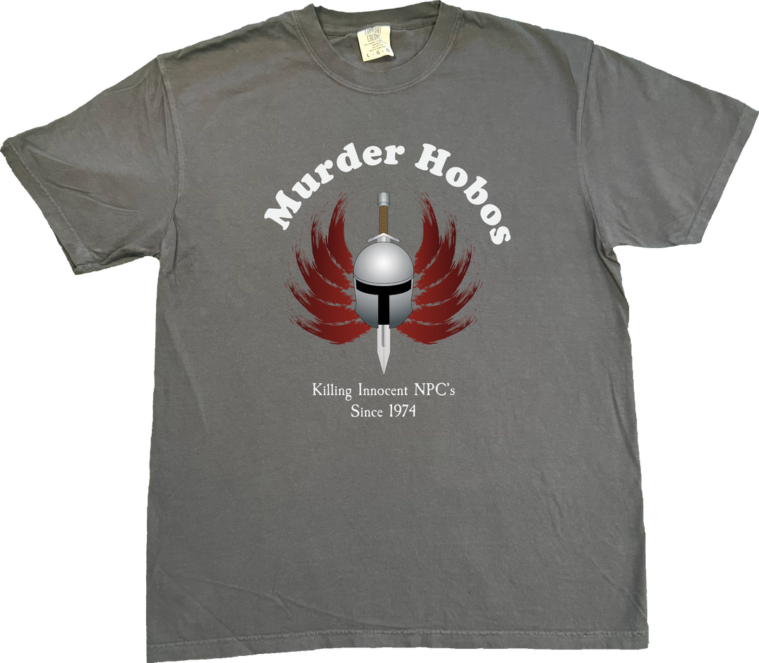 Funny 'Murder Hobos' D&D t-shirt featuring artist-designed image and text: 'Killing Innocent NPCs Since 1974' for retro tabletop gaming fans. on a Comfort Colors Dark Grey (graphite) T-Shirt