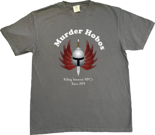 Funny 'Murder Hobos' D&D t-shirt featuring artist-designed image and text: 'Killing Innocent NPCs Since 1974' for retro tabletop gaming fans. on a Comfort Colors Dark Grey (graphite) T-Shirt