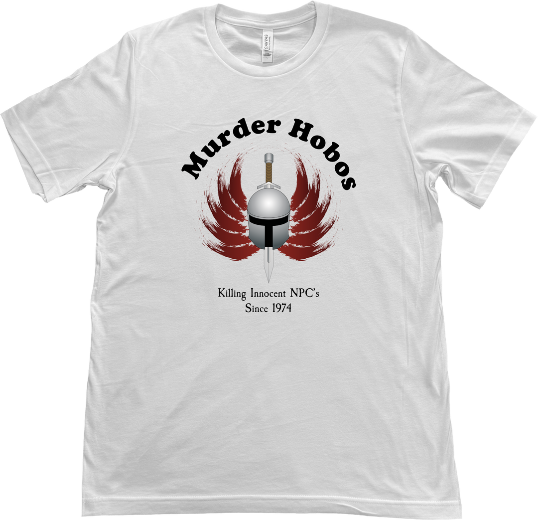 Funny 'Murder Hobos' D&D t-shirt featuring artist-designed image and text: 'Killing Innocent NPCs Since 1974' for retro tabletop gaming fans. on a Bella & Canvas White T-Shirt