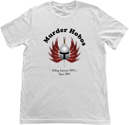 Funny 'Murder Hobos' D&D t-shirt featuring artist-designed image and text: 'Killing Innocent NPCs Since 1974' for retro tabletop gaming fans. on a Bella & Canvas White T-Shirt