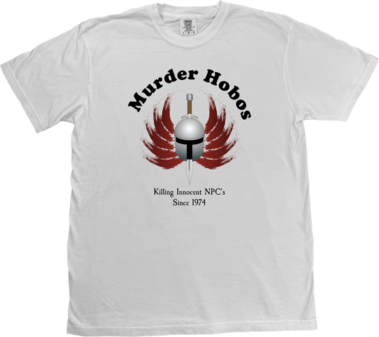 Funny 'Murder Hobos' D&D t-shirt featuring artist-designed image and text: 'Killing Innocent NPCs Since 1974' for retro tabletop gaming fans. on a Comfort Colors White T-Shirt