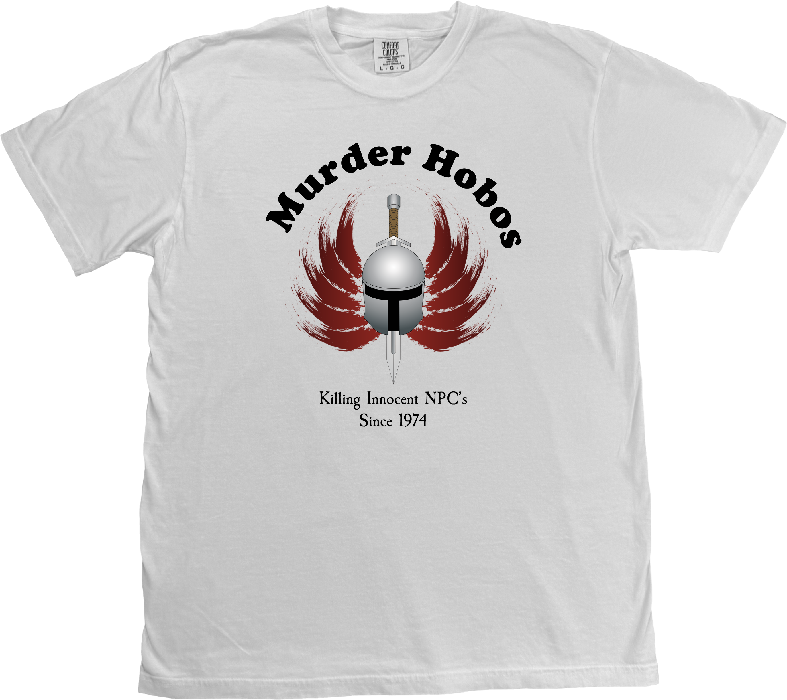 Funny 'Murder Hobos' D&D t-shirt featuring artist-designed image and text: 'Killing Innocent NPCs Since 1974' for retro tabletop gaming fans. on a Comfort Colors White T-Shirt